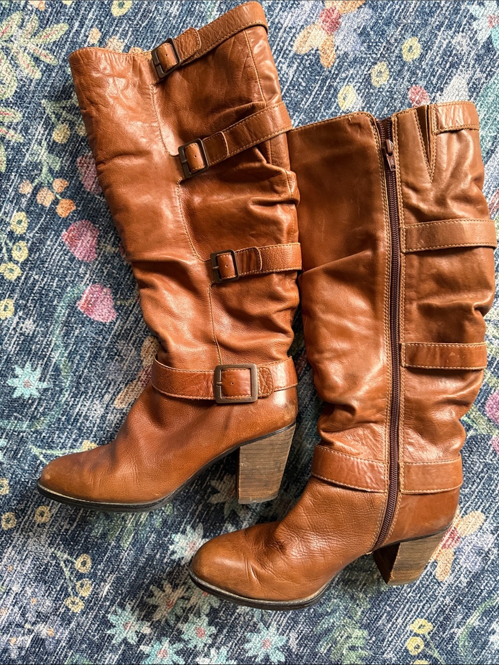 Sofft Cognac Leather Slouch  Mid-Calf Heeled Boots